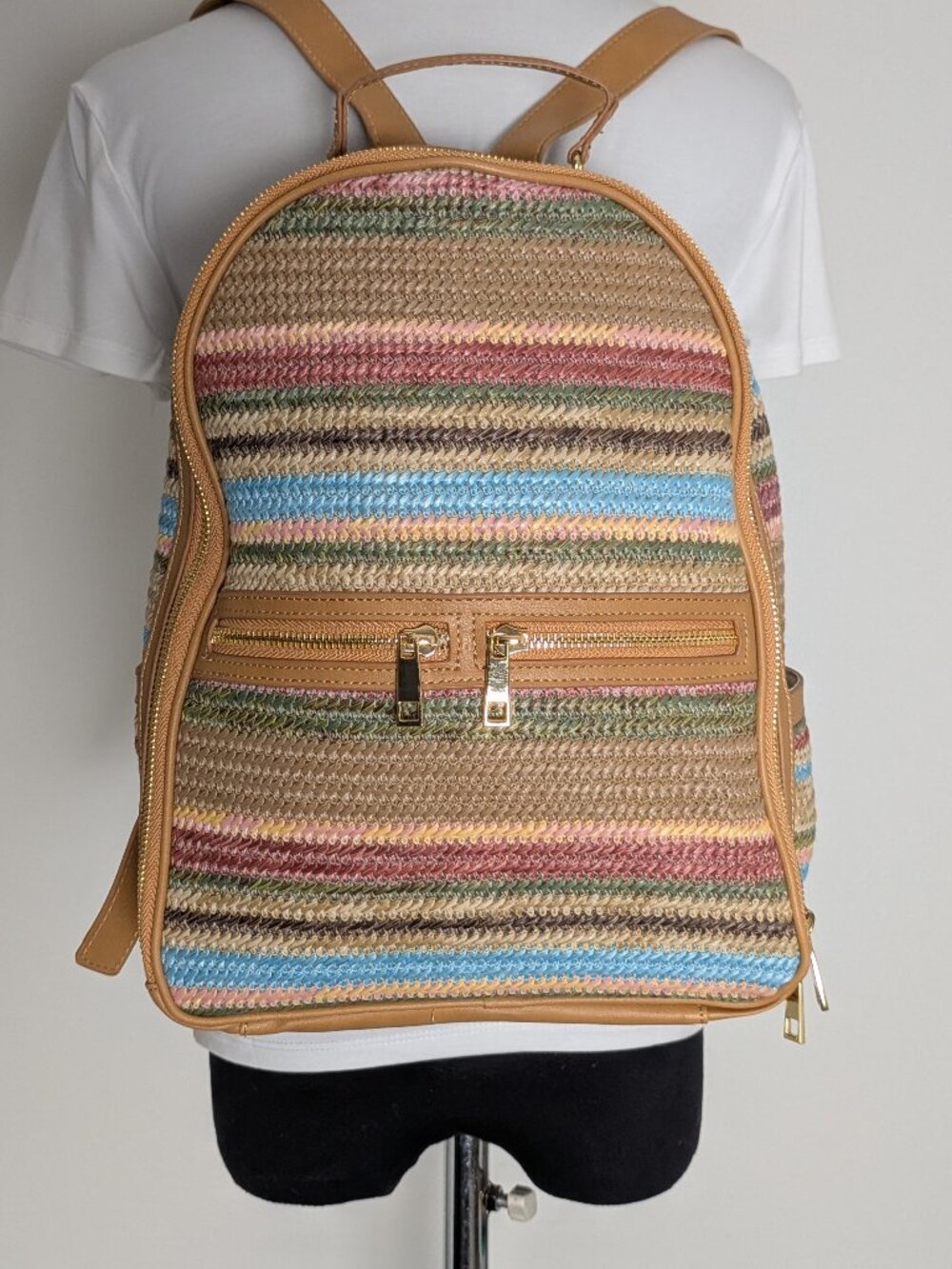 Womens Tommy Bahama Straw Faux Leather Trim Knapsack Bag